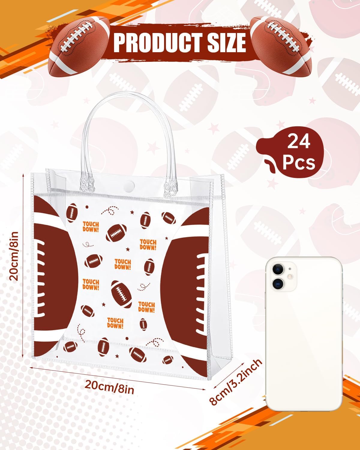 Clear Football Favor Bags with Handles - 24 Pack Football Gift Bags, Transparent PVC Goodie Bags for Sports Theme Birthday Holiday Team Events (8 x 8 x 3.2Inch)