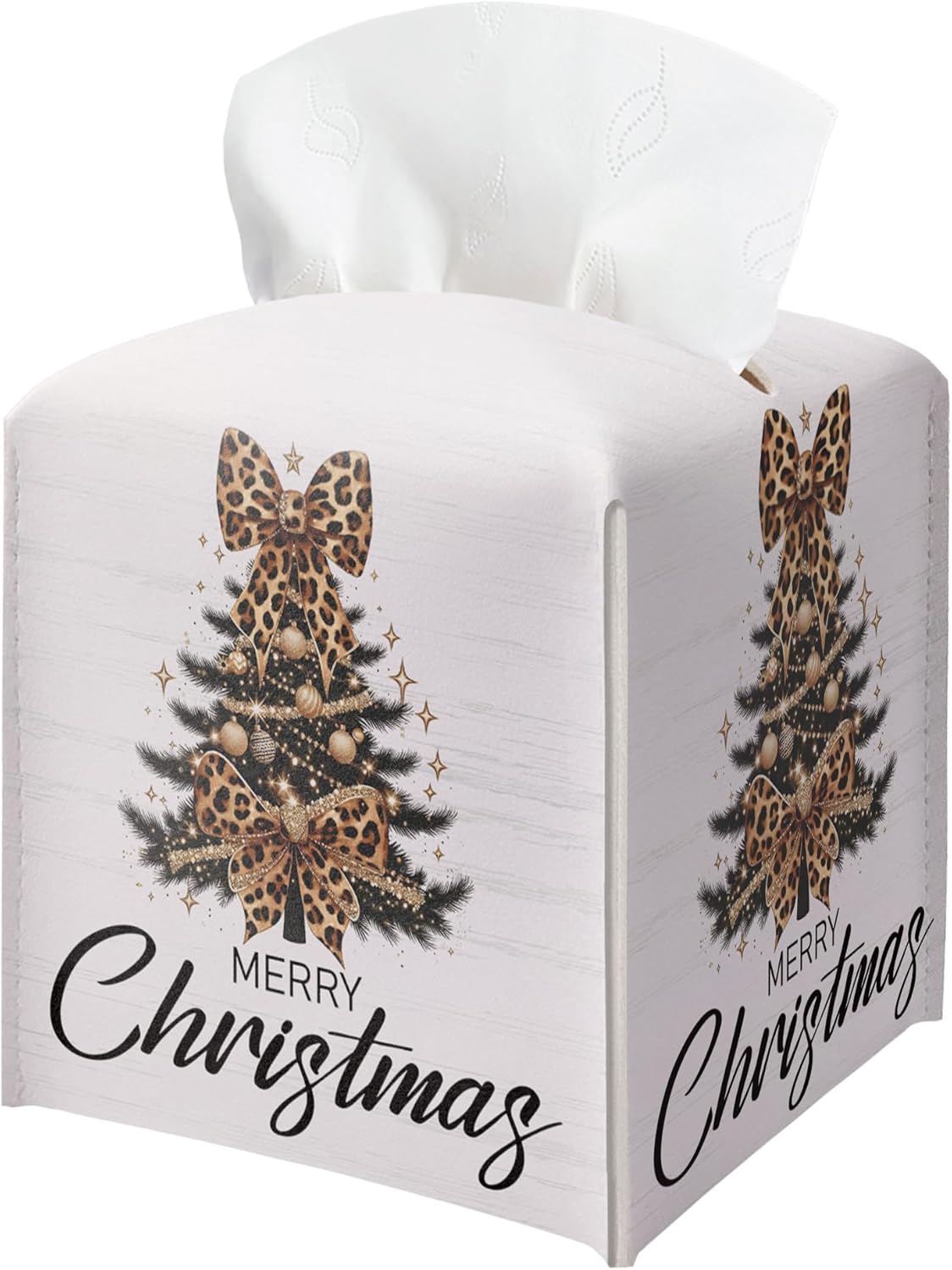Christmas Tree Tissue Box Holder, Leopard Print Christmas Tree Leather Tissue Box Cover Square, Paper Facial Decorative Tissues Cover for Night Stands Bathroom Office Home Decor-B13
