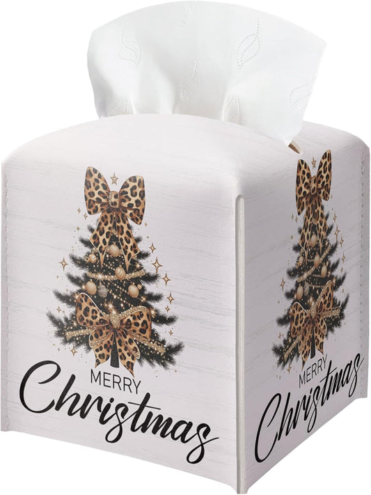 Christmas Tree Tissue Box Holder, Leopard Print Christmas Tree Leather Tissue Box Cover Square, Paper Facial Decorative Tissues Cover for Night Stands Bathroom Office Home Decor-B13