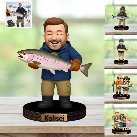 Personalized Fishing Cartoon Photo Sculpture Ornament Custom Name 2D Acrylic Desk Photo Fisherman Figurine Decor Sign Gift for Family Couple Dad Husband Fishing Lover Birthday Xmas (Style 1)