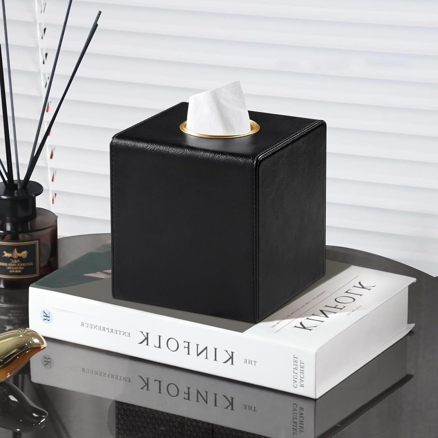 Square Tissue Box Cover, Luxury PU Leather Tissue Holder with Magnetic Closure (Black)