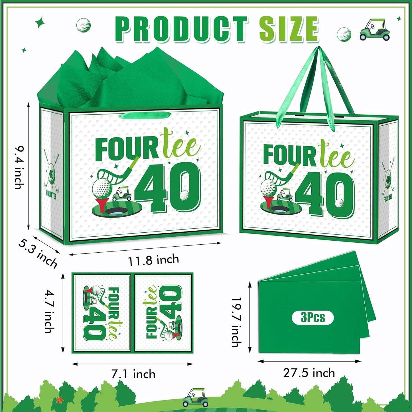 Quirkistry Golf 40th Birthday Gift Bag for Men Golf Happy Forty Birthday Party Gifts bag with Tissue Paper Greeting Card Four-Tee Bday Gift Wrapping Bag for Sports Themed Party Decorations Supplies