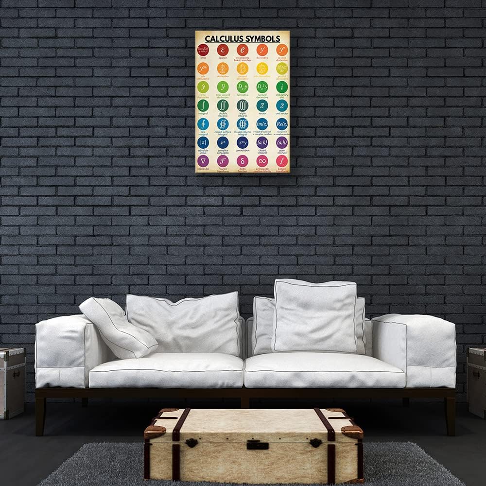 Math Poster Painting Framed Art Prints Calculus Symbols Table Knowledge Poster Retro Wall Art Canvas Abstract Artwork Classroom Decor Gift Framed (12x18 inch)