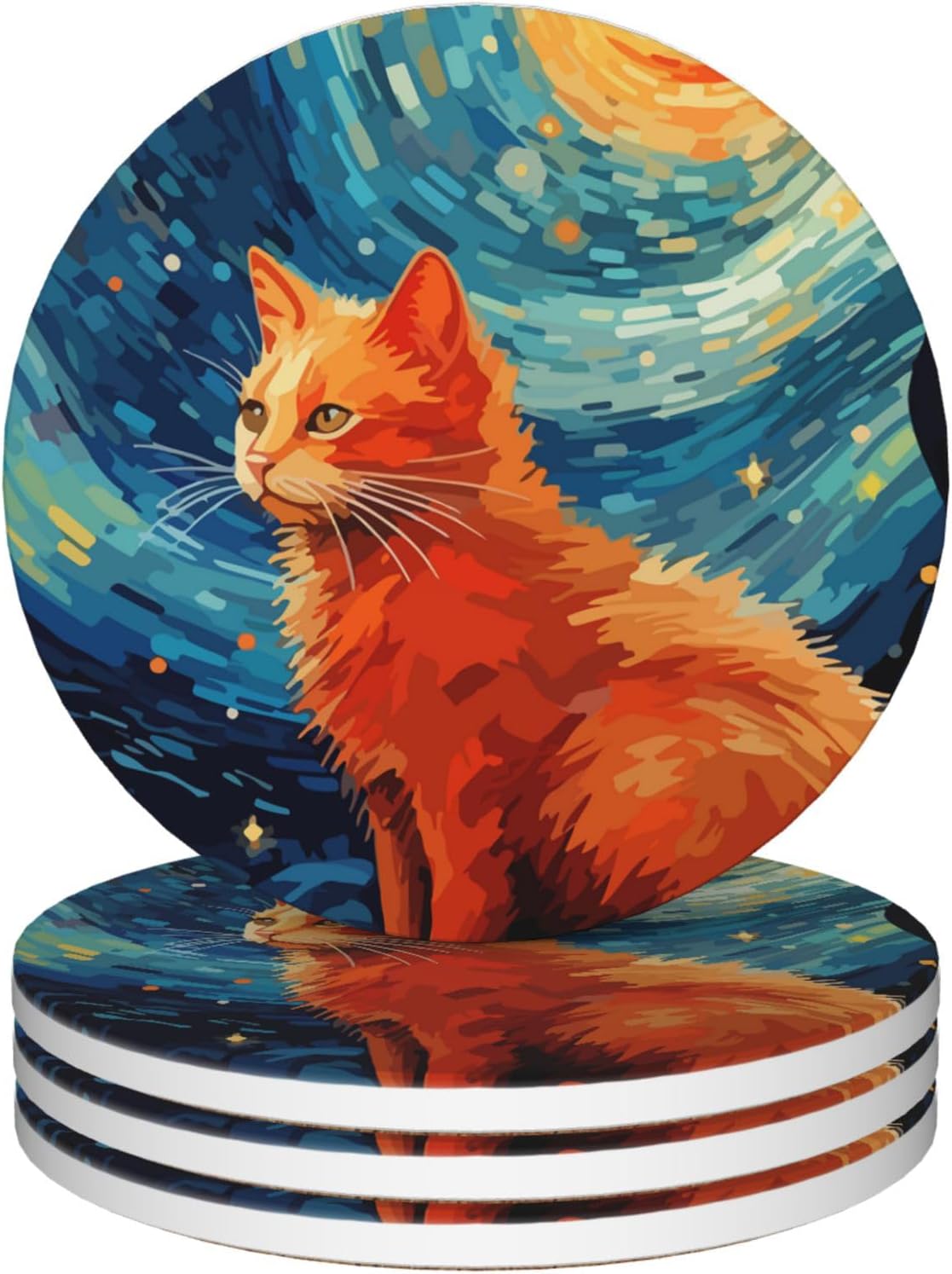Starry Night Cat Coasters Set of 4, Round 4" Absorbent Ceramic Stone Coasters with Cork Base, Cute Table Home Decor, Ideal Gifts for Women Men