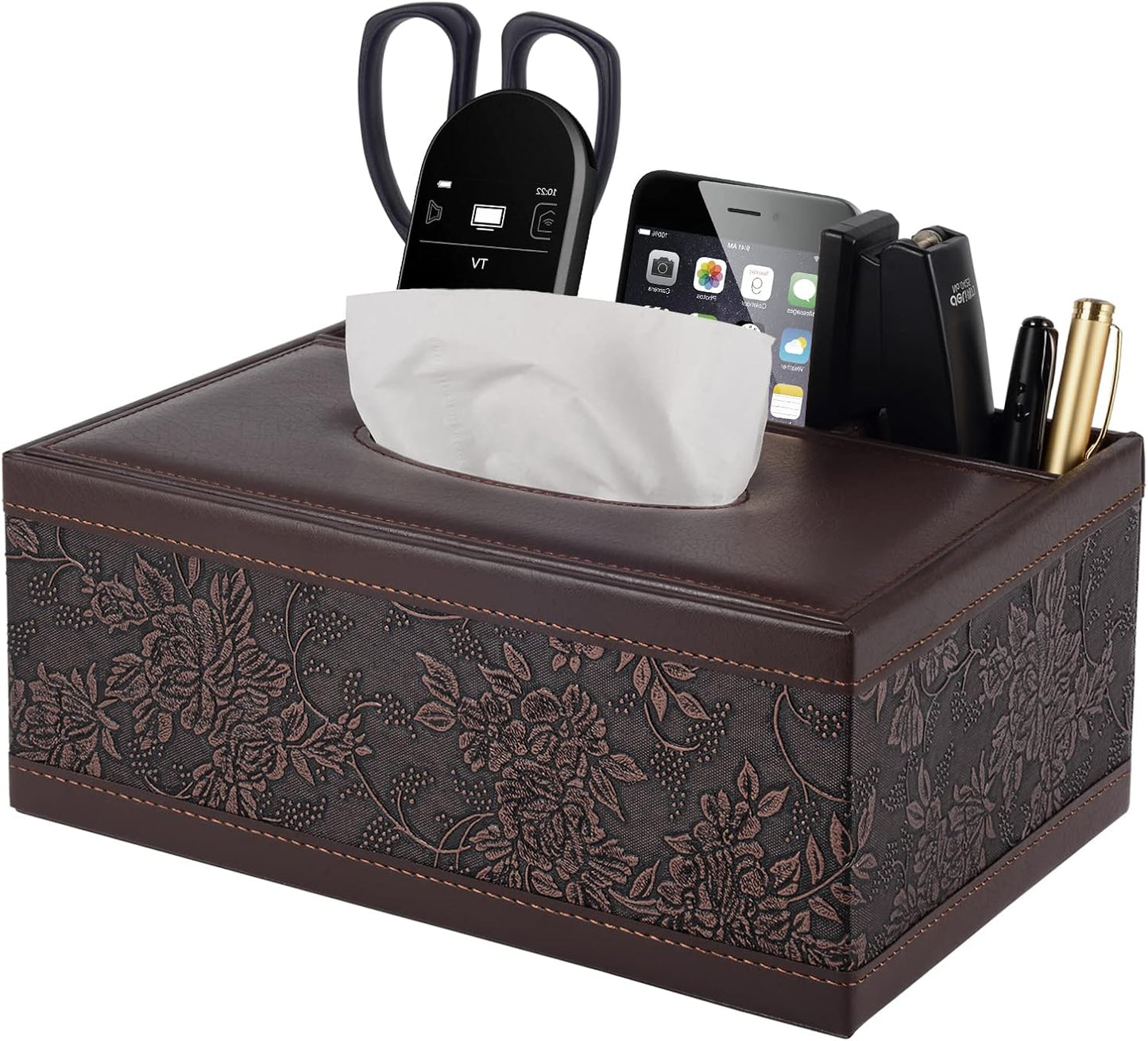 Tissue Box Cover Rectangle Retro Tissue Box Holder PU Leather Facial Tissues Organizer,Multifunctional Remote Control Stationery Storage Box,Home Office Supplies Car Napkin Caddy