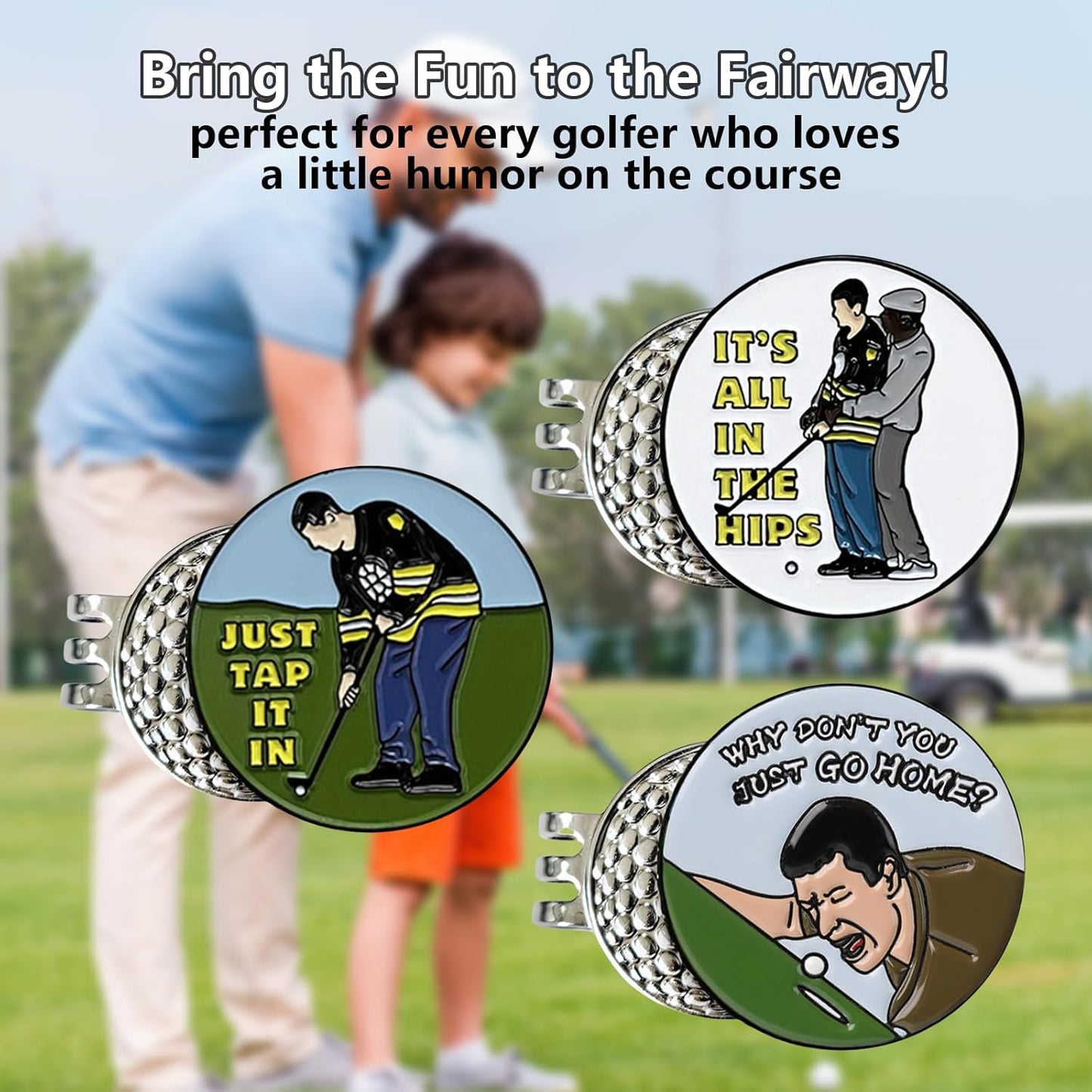 Golf Ball Marker with Magnetic Hat Clip, 3 Pack Happy-Gilmore Golf Ball Markers, Personalized Golf Accessories for Hats, Gloves, Bags, Perfect for Golf Rounds, Practice, Gifts for Golf Fans
