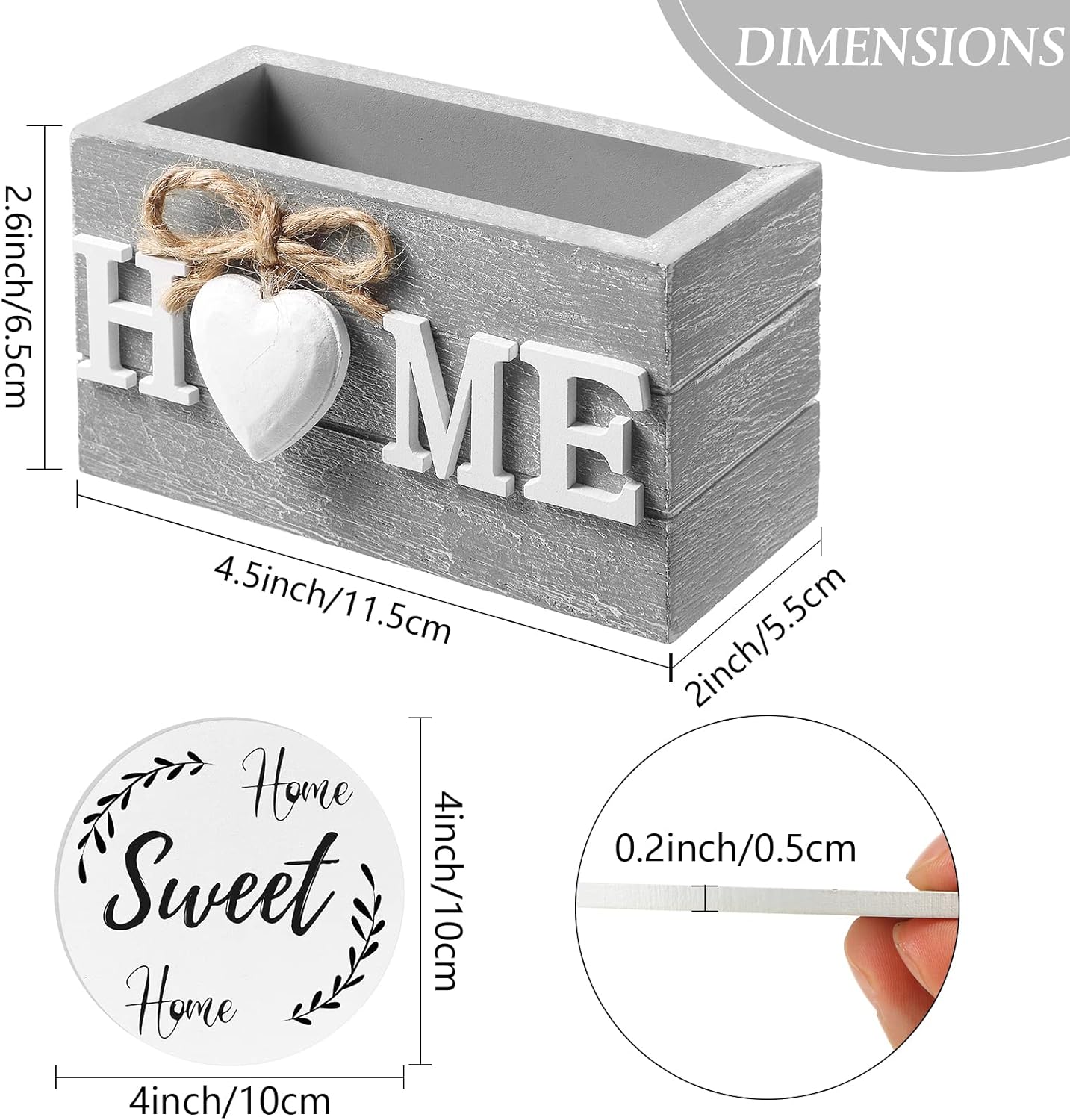 Queekay Housewarming Gifts for Home Decoration Wooden Heart Coasters for Drinks 6 Set Farmhouse Coasters with Holder Funny for Family Coffee Table Protection, 4''(White,Gray)