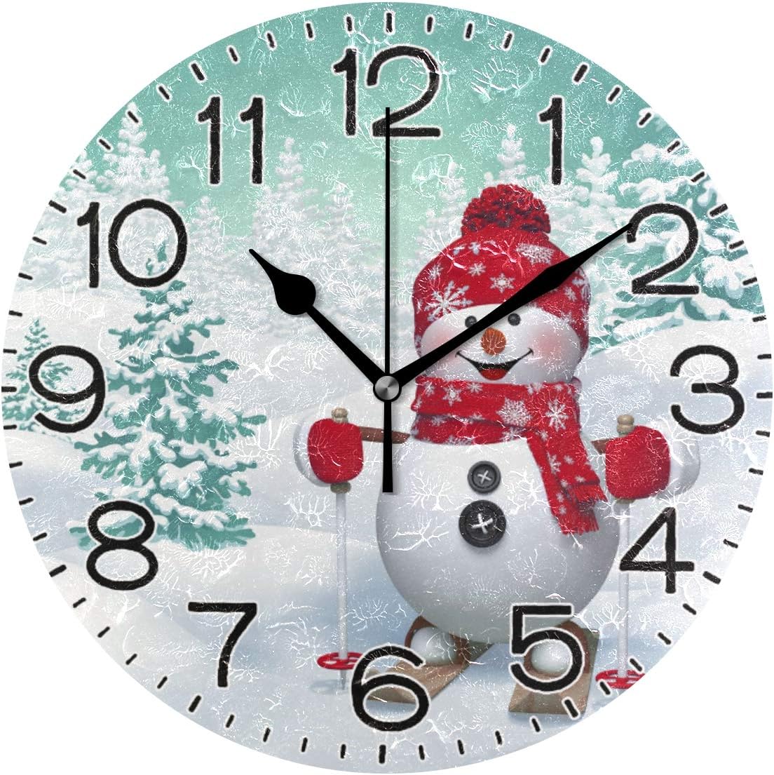 Funny Snowman Skiing Wall Clock Battery Operated Non Ticking Silent Quartz Analog Rustic Farmhouse Round Clock Retro Decor for Home Kitchen Living Room Bathroom