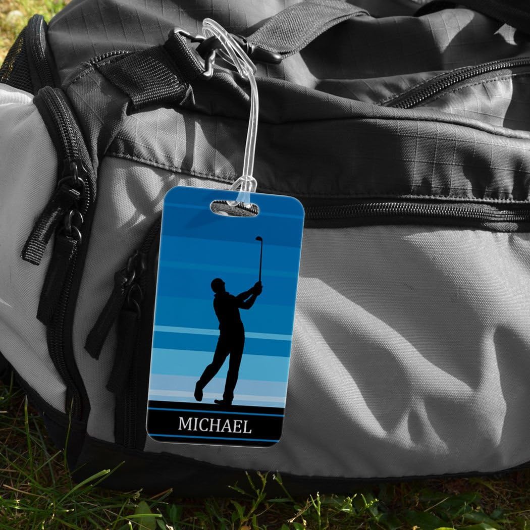 ChalkTalkSPORTS Golf Luggage & Bag Tag | Personalized Male Golfer | Standard Lines on Back | Large | Blue