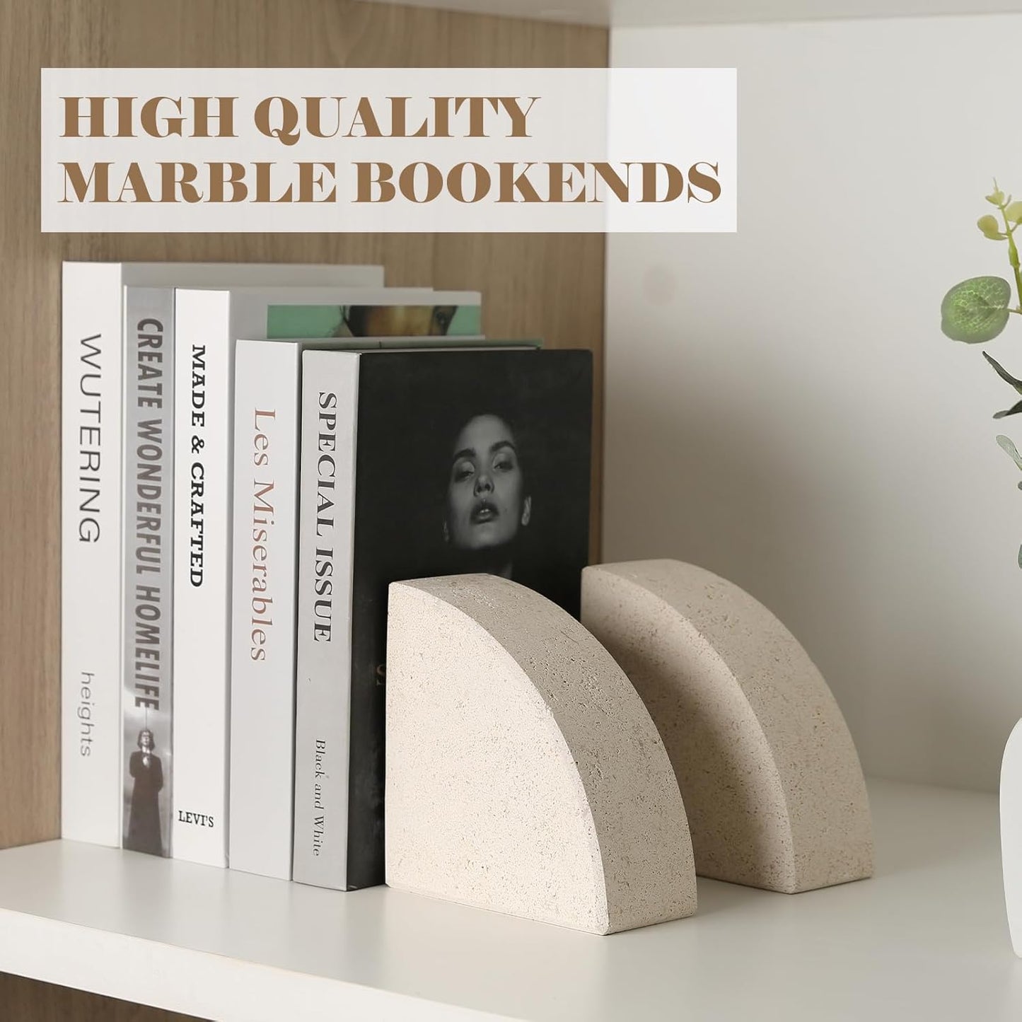 Marble Bookend for Shelves, Non-Skid Bookends for Heavy Books, Heavy Duty Book Stopper for CDs, Luxury Book Shelf Holder, Quarter Circle Design Book Ends Decorative, Moleanos Beige, Set of 2