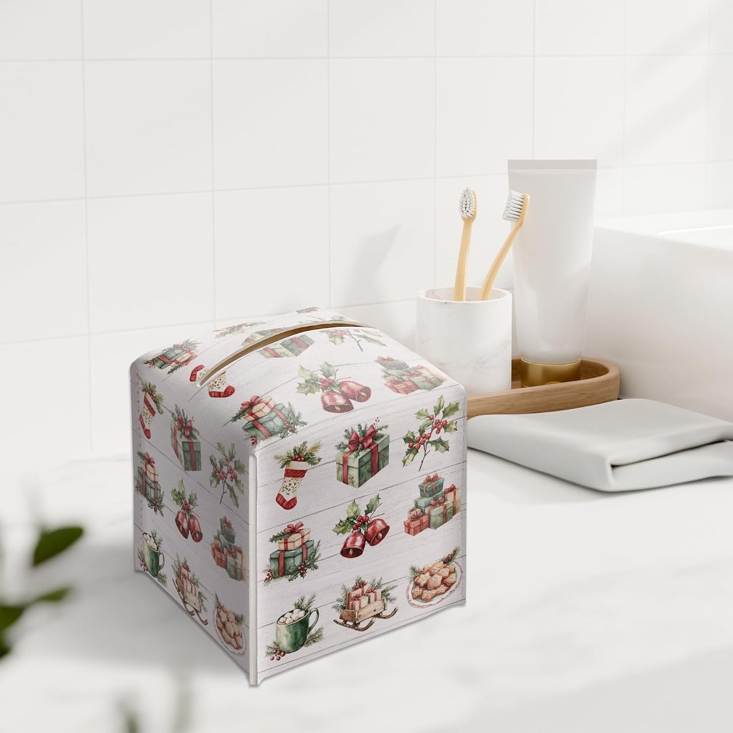 Merry Christmas Tissue Box Holder, Bow Leather Tissue Box Cover Square, Paper Facial Decorative Tissues Cover for Night Stands Bathroom Kitchen Office Home Decor-B32