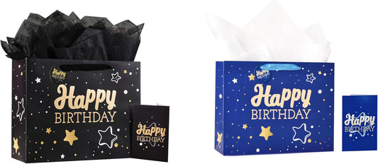 13" Black + Blue Happy Birthday Gift Bag with Tissue Paper and Greeting Card for Party,Happy Birthday Gift Bag for Men Women, Gift Bags Medium size(2 PCS Black & Blue)