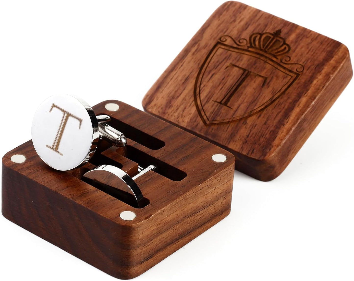 Mens Initial Silver Cufflinks A-Z Alphabet Letter Steel Cuff Links with Engraved Walnut Wood Box Groom Groomsman Wedding Set…