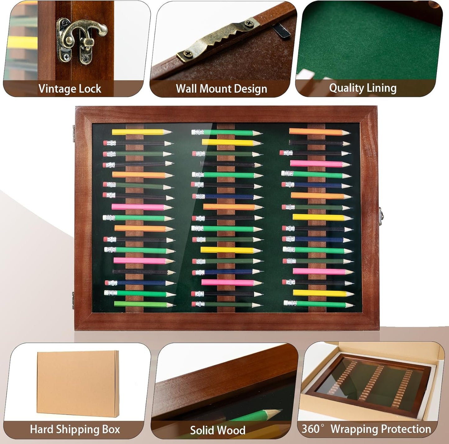 Golf Pencil Display Case Holds 51 Round or Octagonal Golf Pencils Wood Wall Mount Clear Display Case with Acrylic Dust UV Cover