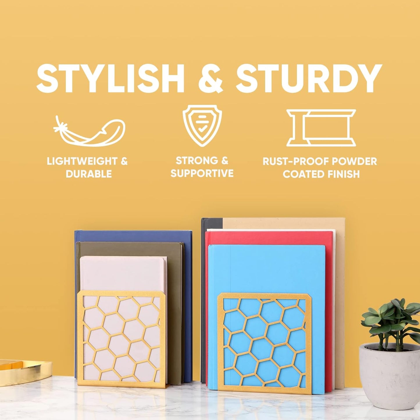 GEOMOD Geometric Honeycomb Gold Metal Bookends Decorative - Tall Sturdy Book Ends for Shelves - Modern Heavy Duty Bookend Stopper - Office or Home Book Shelf Book Holder - 6x3.25x6.25 Inches - 2 Pair