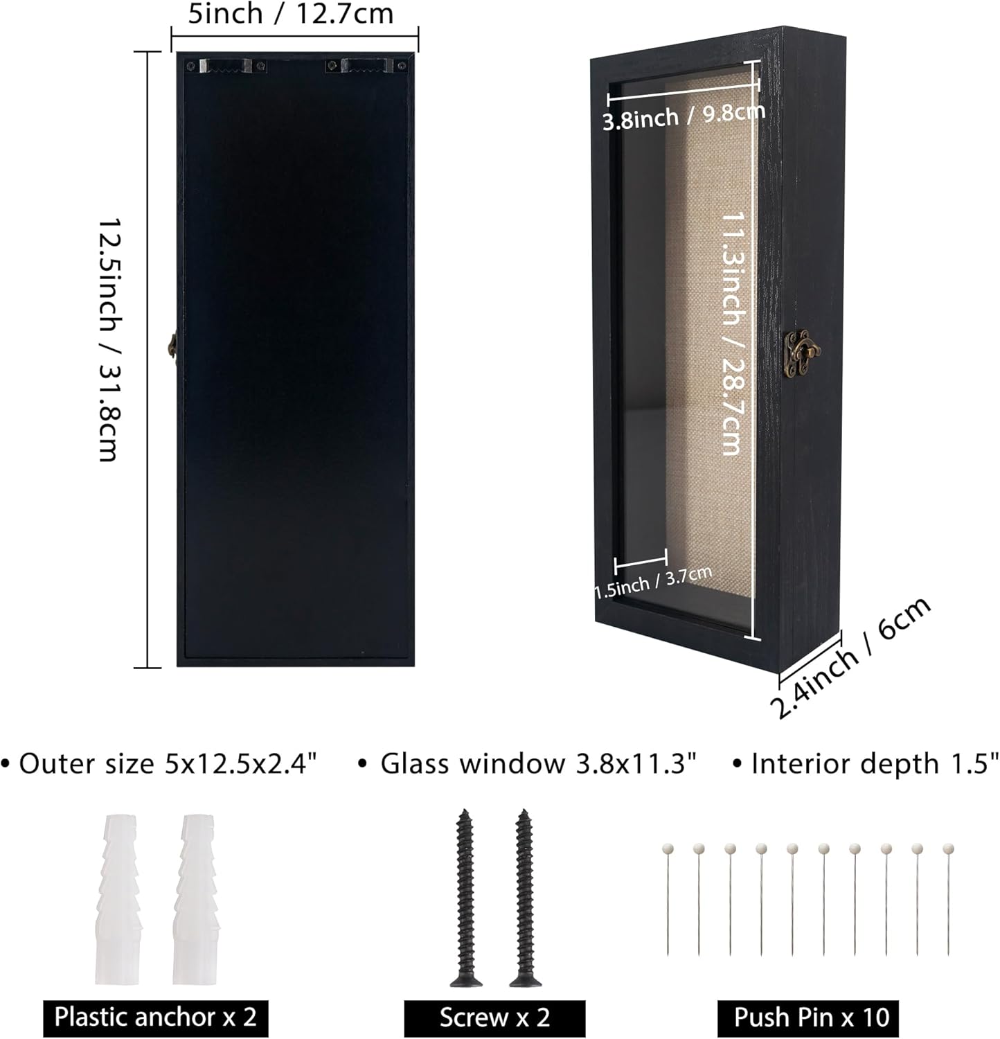 GraduatePro Shadow Box Frame 5x12.5 Display Case with Linen Back, Real Glass Window Door with Hinge, Picture Frame Wedding Bouquet Memorabilia Medals Photos Memory Box for Keepsakes, Rustic Black