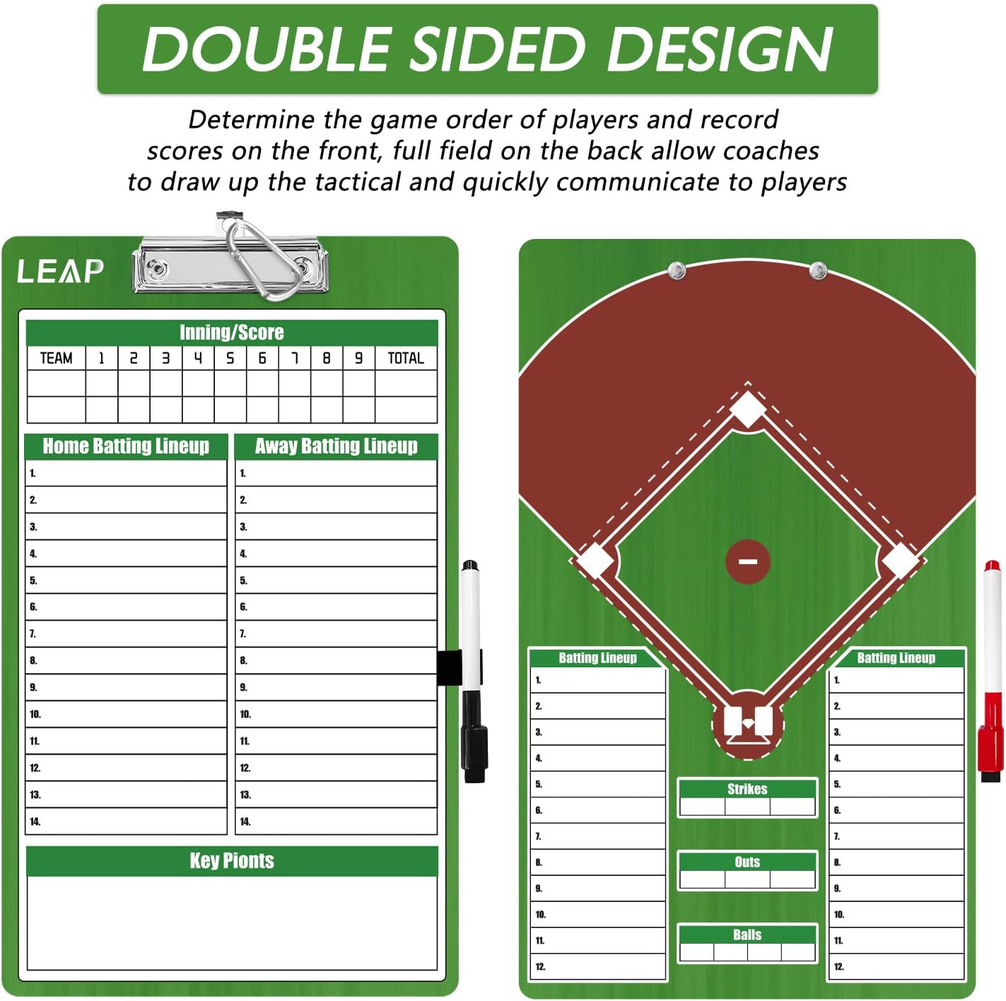 LEAP Coach Board Double Sided Design Premium Dry Erase Clipboard with Dry Erase Marker Pen and Pen Holder for Baseball, Basketball, Soccer, Football, Ice Hockey