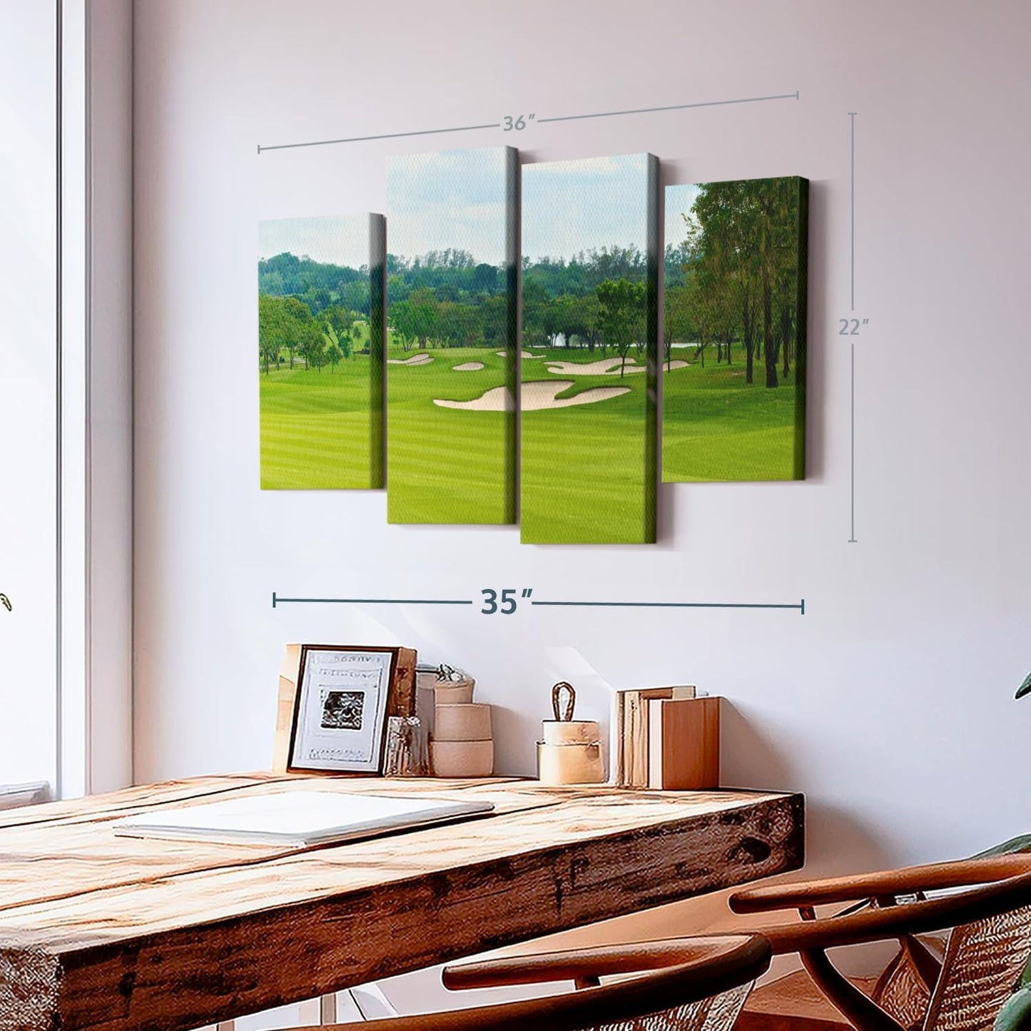 Elephant Stock Beautiful Golf Course Wall Art - Horizontal Canvas - 4-Piece Living Room Wall Decor - Tree Photography Canvas Print - Green and Blue Decor for Wall - 36" X 22"