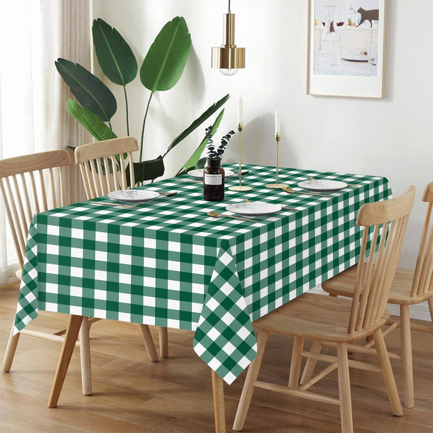 QIKSION Green Gingham Tablecloth Disposable 6 Pack, 54 x 108 Inch Green and White Checkered Table Cloth for Rectangle Tables, Plastic Table Cover