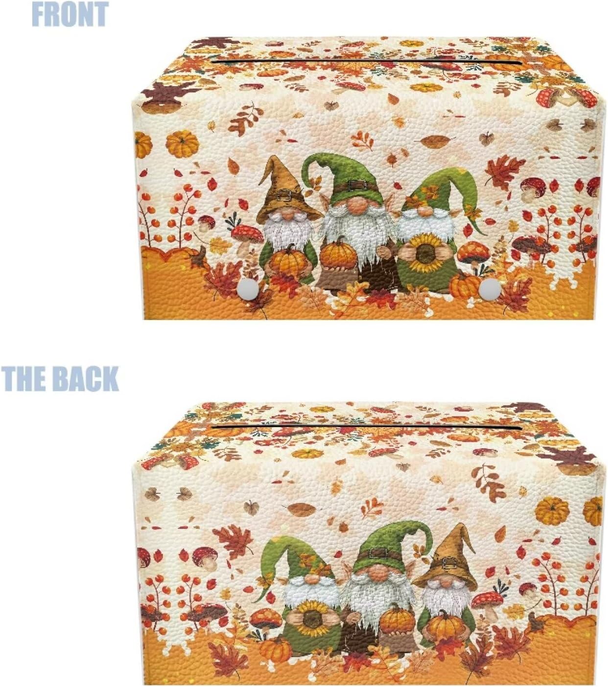 Thanksgiving Elf Pumpkin Leather Tissue Box Cover Maple Leaf Print Large Capacity Design Stain-Resistant PU Leather Rectangle Tissue Holder Fall Bathroom Decor 9.7"x5.2"x5.12"