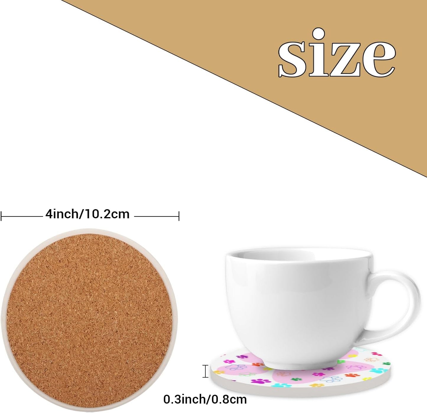 Ceramic Coasters for Drinks with Cork Back, Colorful Paw Prints On Pink 4 Inch Absorbent Coaster Set 1 Pack, Quick Dry Non-Slip Coaster Mats for Home, Office, Bar