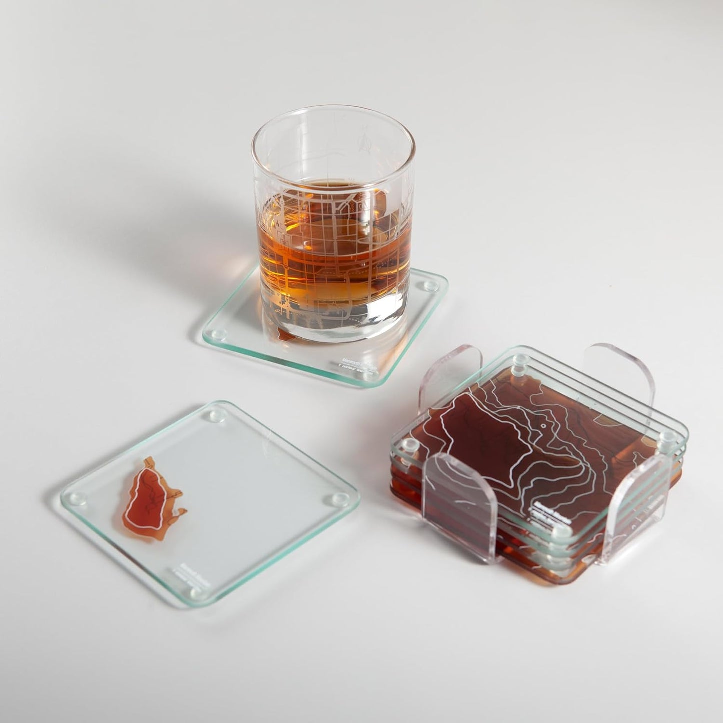 Mammoth Mountain 3D Contour Map Glass Drink Coasters of Mountains, Ski Resort, Set of 6 with Holder, Housewarming Birthday Gifts, Home Decor