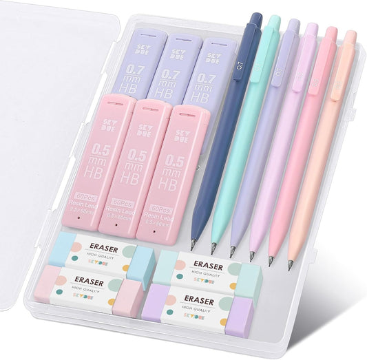 SKYDUE Cute Mechanical Pencils Set, 0.5mm & 0.7mm Mechanical Pencils, 360PCS HB Lead Refills, 4PCS Pastel Erasers, Pastel Aesthetic School Supplies for Writing, Drawing and Sketching