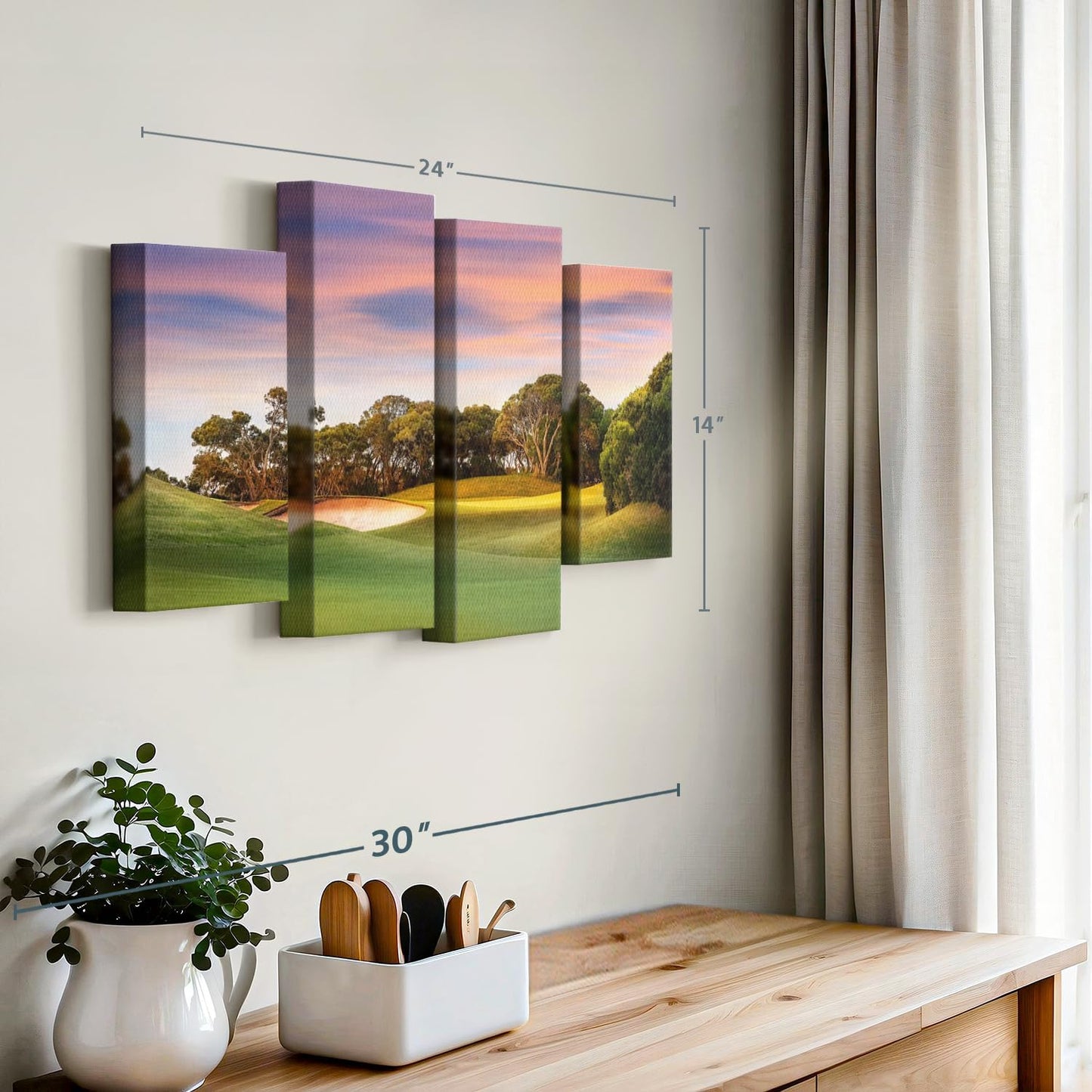 ElephantStock Golf Course Sundown Wall Art - Horizontal Canvas - 4-Piece Living Room Wall Decor - Photography Sports Canvas Print - Orange and Blue Decor for Wall - 24" X 14"