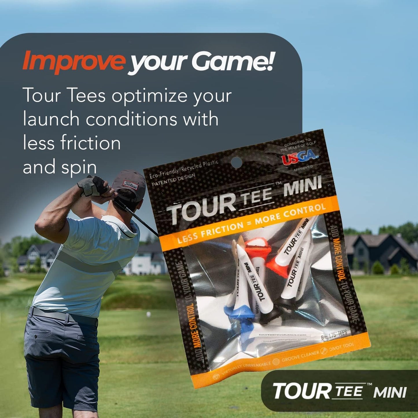 CMCDESIGN Tour Tee Mini Pack - Frictionless Golf Tees for More Distance & Consistent Yards - Reusable, Made w/Recycled Plastic and Virtually Unbreakable - Six 1.75” Short Golf Tees w/Rubber Tip