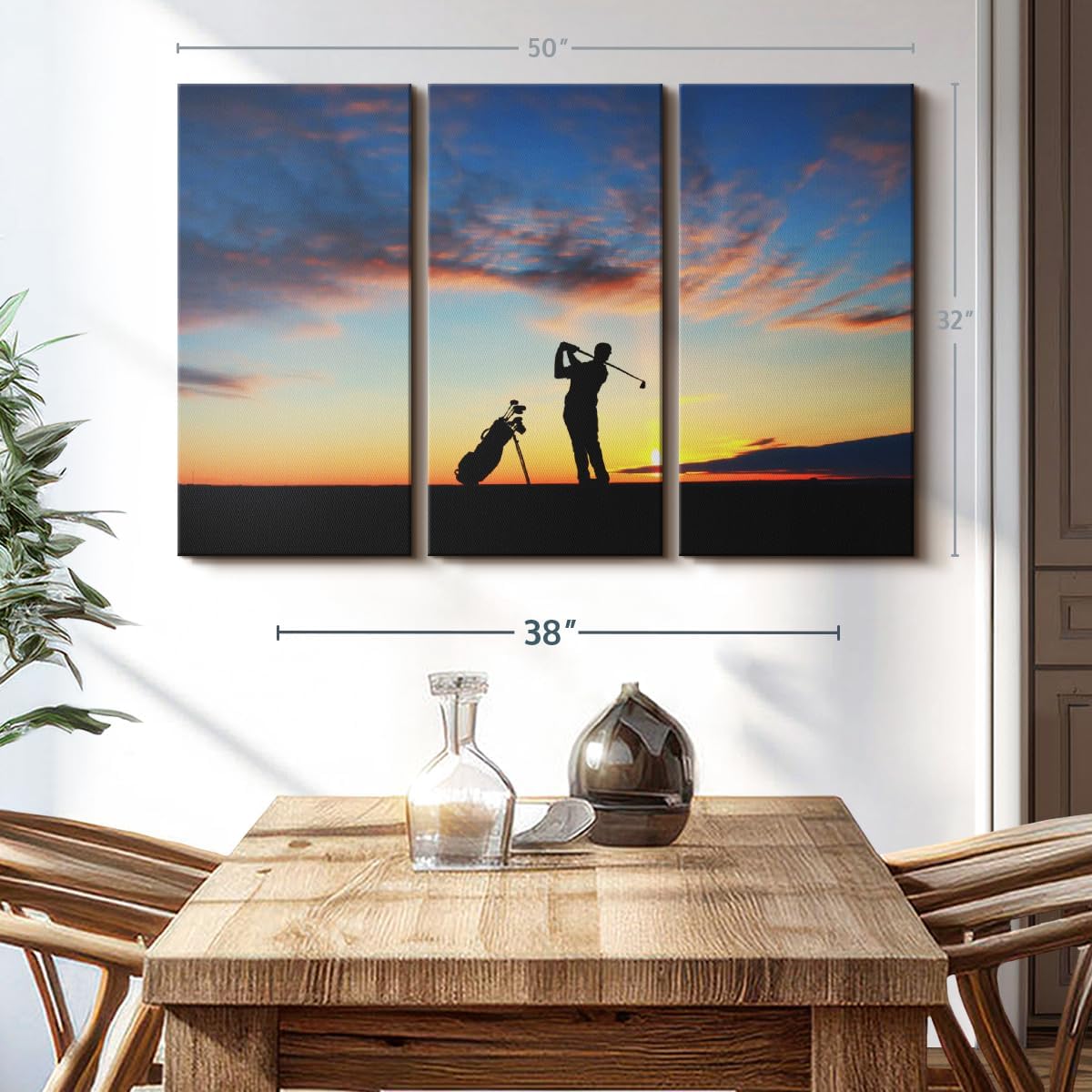 ElephantStock Golfing At Sunset Wall Art - Horizontal Canvas - 3-Piece Living Room Wall Decor - Golf Photography Canvas Print - Black and Orange Decor for Wall - 50" X 32"