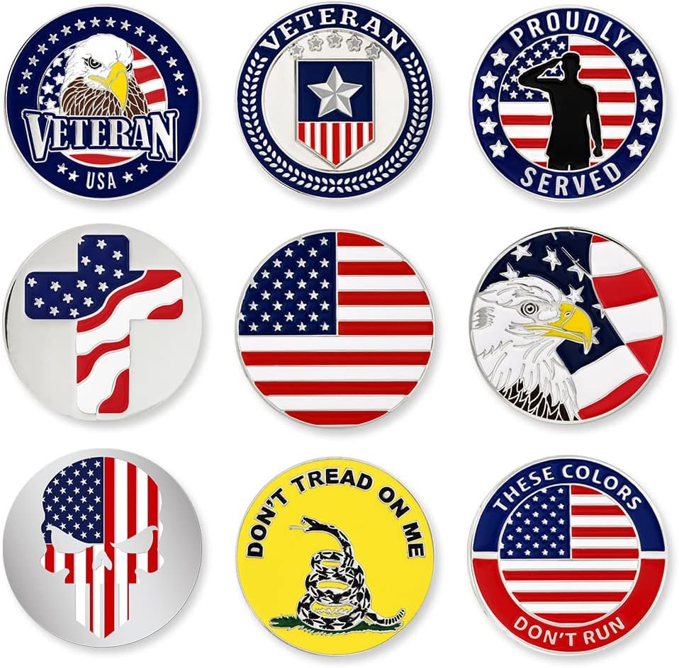 PinMart’s Mix Bundle Pack of 9 Golf Ball Markers - Golf Accessories for Men and Women – United States Eagle and American Flag Magnetic Ball Markers Set of 9