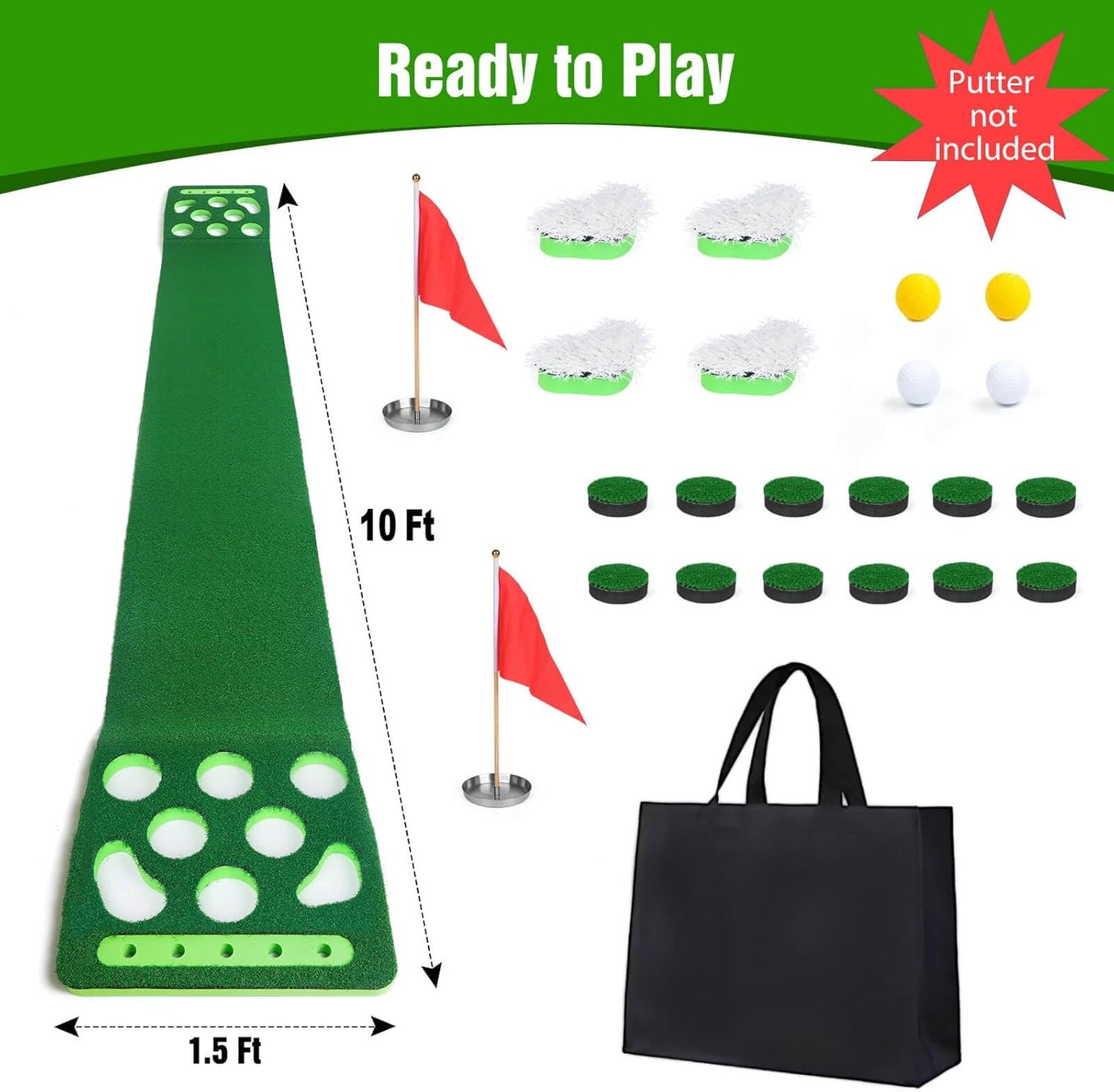 Golf Putting Game Set, Detachable Golf Putting Green Mat with 4 Balls, 2 Cups & Flags, 1 Portable Bag for Indoor & Outdoor Party Game Use