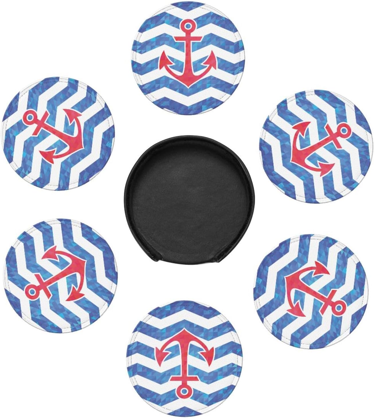 Nautical Anchor Red Blue Coasters for Drinks Round Leather Coaster with Holder Set of 6 for Tabletop Protection Desk Accessories Office Home Room Decor