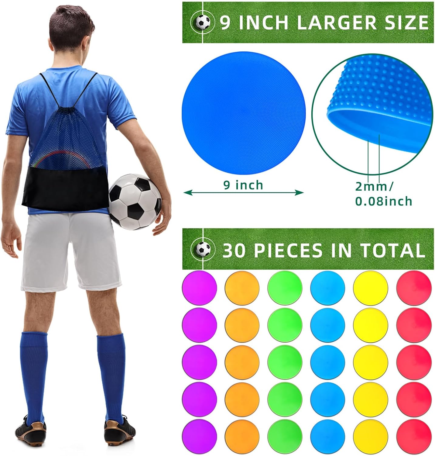 Poly Spot Markers 9 inch Non-Slip Rubber Agility Training Markers Floor Dots Flat Field Cones for Football, Soccer, Basketball, School Exercise Drills, Dance Practice