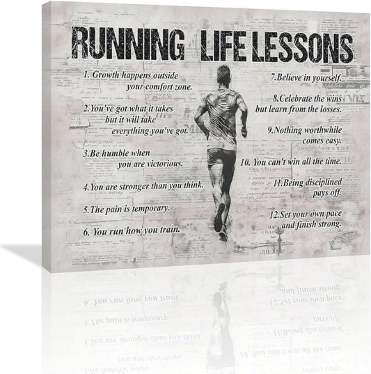 Running Life Lessons Wall Art Running Sports Wall Decor Running Sign Retro Poster Boy Men Motivational Decorations Canvas Print Painting Artwork for Bedroom Bathroom Living Room Gym 24"x20"