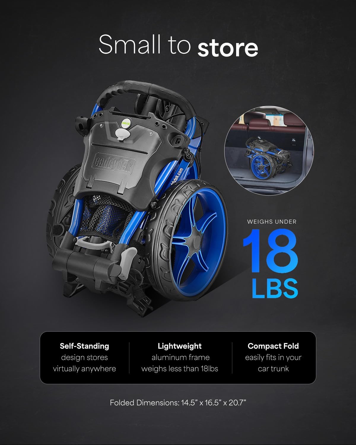 Caddytek CaddyLite Compact Golf Push Cart - Lightweight Aluminum 3-Wheel Foldable Golf Bag Cart with Quad-Fold System, EVA Wheels, Adjustable Handle, Brake, Mesh Net, Umbrella & Drink Holder