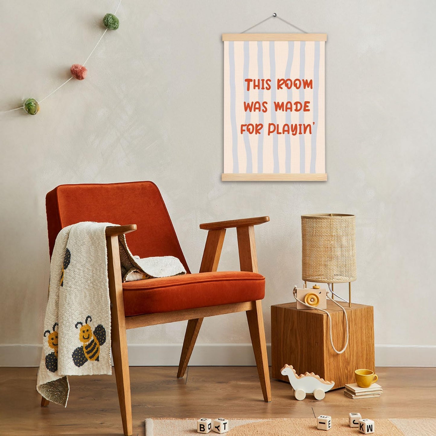 pouep Light Blue and Beige Striped Playroom Wall Art Poster, This Room was Made for Playin' Canvas Prints Wall Decor for Toddler Kids Bedroom Playroom Nursery, 12x16 Inches