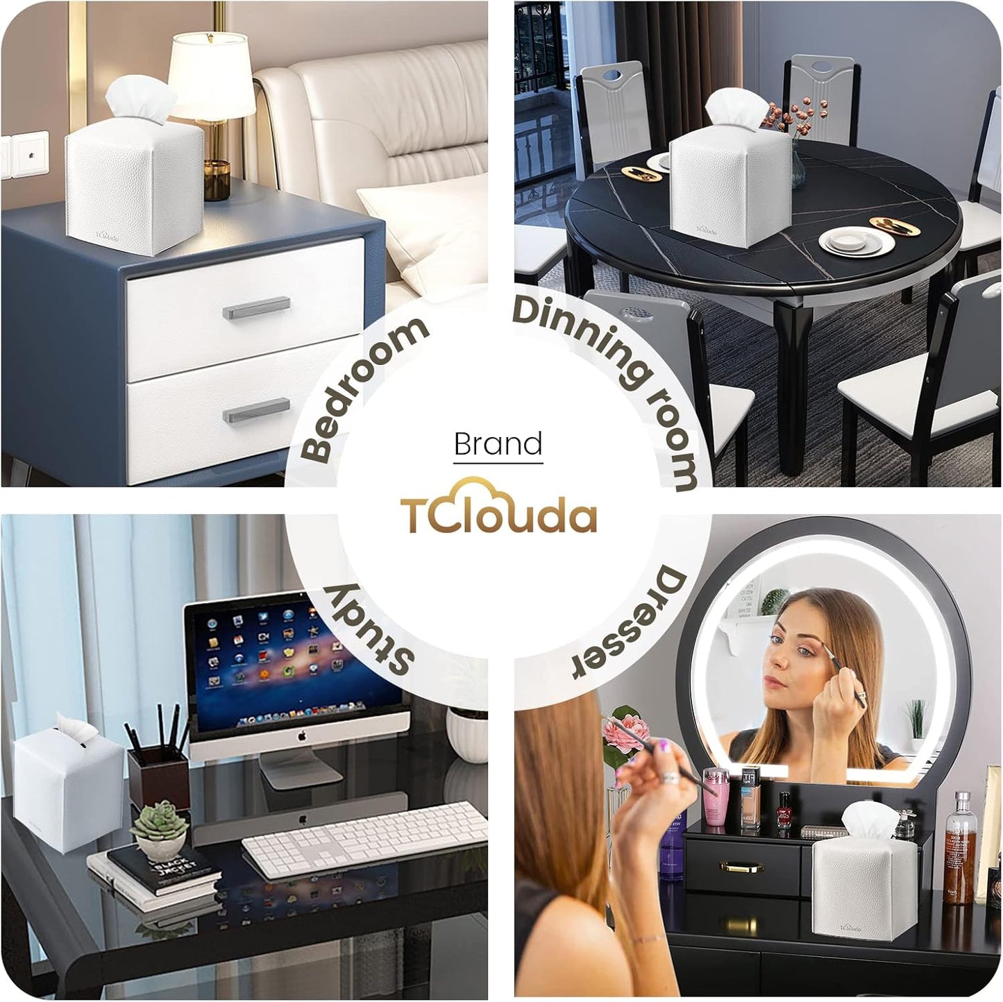 Tissue Box Cover, Tclouda, Modern PU Leather Square Tissue Box Holder for Creative Decorative, Ideal for Bathrooms/Office/Car/Nightstand/Outdoor Tent/Dining Table, 5"X5"X5", Single White