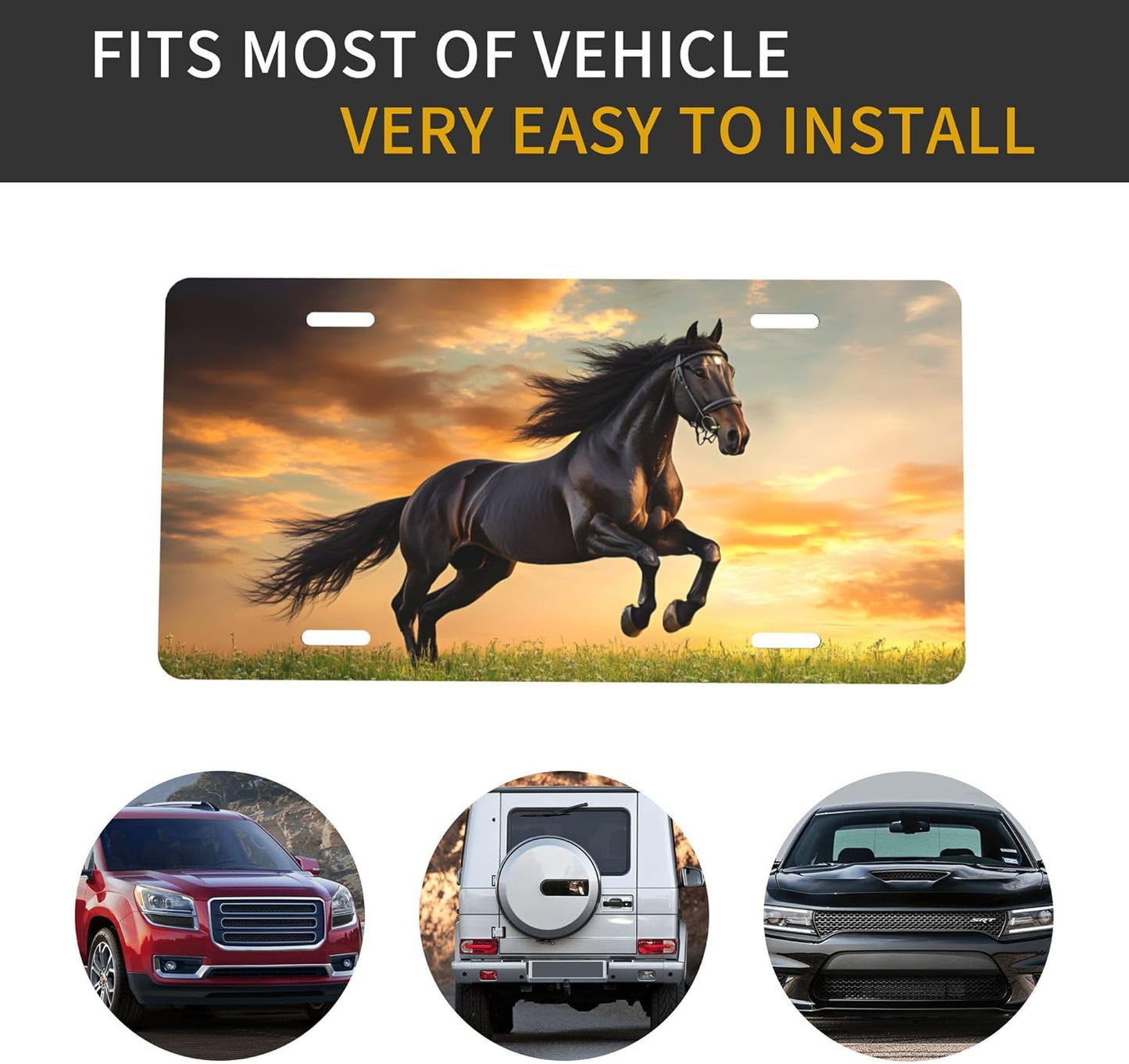 Front License Plate for Car Designs Running Black Animal Horse Stainless License Plate Cover Holder for Men Women Metal Aluminum Decorative Accessory Vanity Tag Standard 6 X 12 inch (4 Holes)