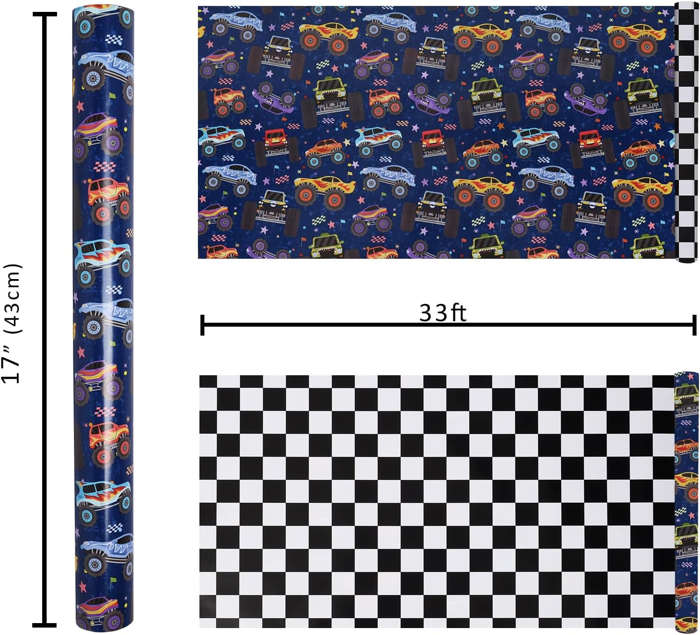 LaRibbons Monster Truck Reversible Wrapping Paper Mini Roll, Checkered Flag Design, Perfect for Kids and Boys Birthdays, 17" x 33'(46.7 sq. ft)