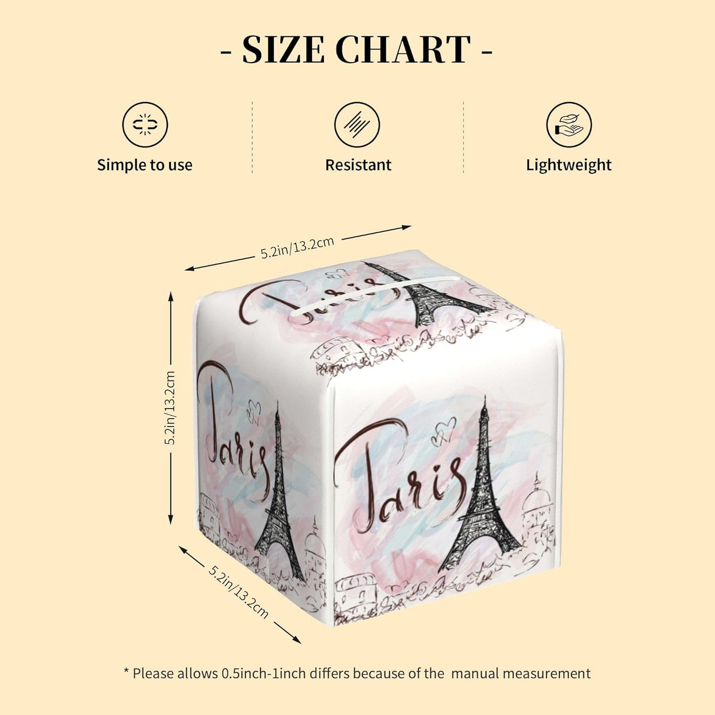 Tissue Box Cover Square,Paris Eiffel Tower Tissue Box Holder Waterproof Leather Facial Paper Case Modern Home Decoration for Bedroom Dresser Night Stand Office Desk