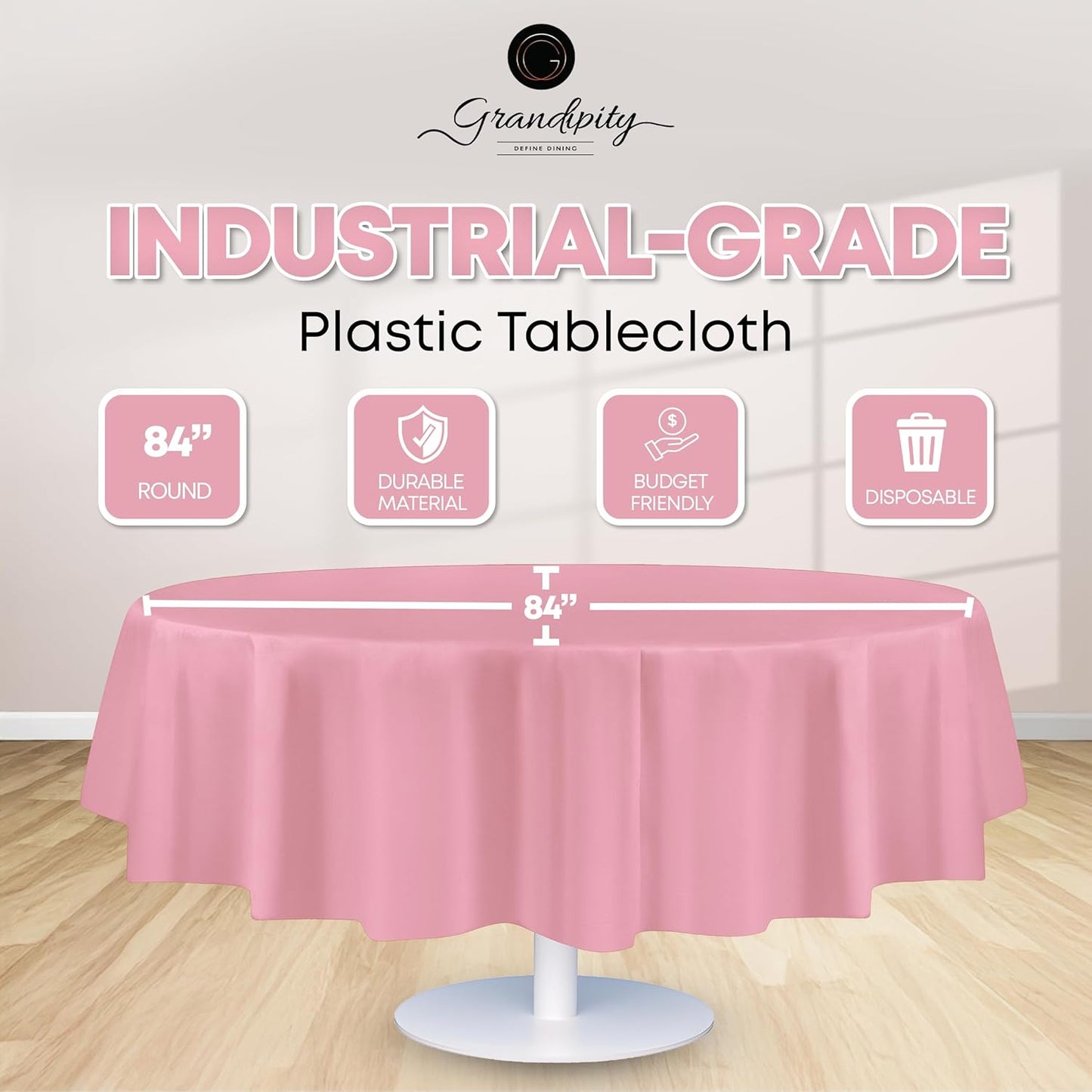 Grandipity 12 Pack Premium Disposable Plastic Tablecloth 84" Inch Decorative Round Table Cover - Pink