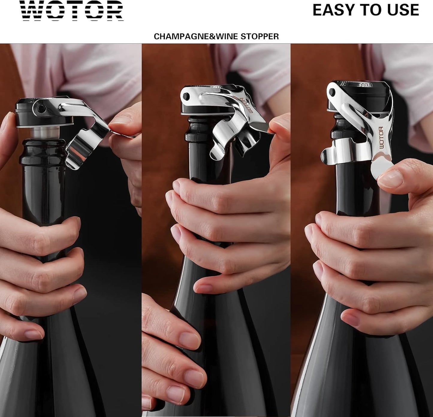 WOTOR Champagne&Wine Bottle Stoppers Stainless Steel with Food Grade Silicone, Leak Proof Keep Fresh Reusable Saver, Cork Suitable for Wine, Champagne, Cava, Prosecco and Sparkling (4 Pack Silver）