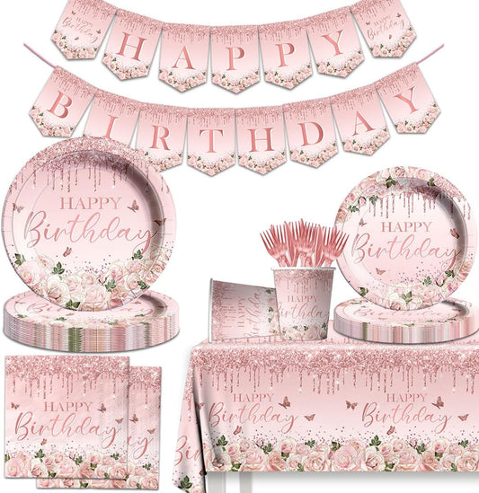142Pcs Pink Rose Gold Birthday Party Supplies - Pink Birthday Party Tableware Disposable Dinner Plate,Tablecloth Rose Gold Theme Birthday Party Decoration for 50th 60th 70th 80th Women or Girls
