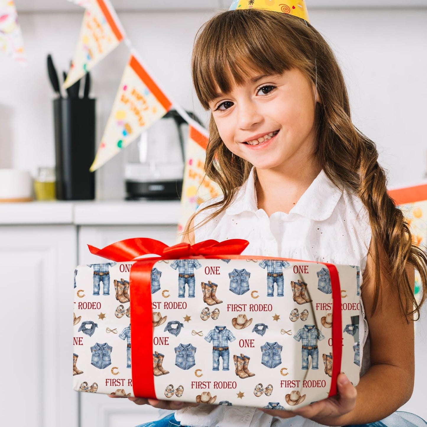 MJSXY Cowboy Wrapping Paper for Boy, My First Rodeo Party Favors with White Cowboy Theme for 1st Birthday, 5 Sheets Western Wrapping Paper 19.6x27.5 Inch, Western Themed Party Decorations