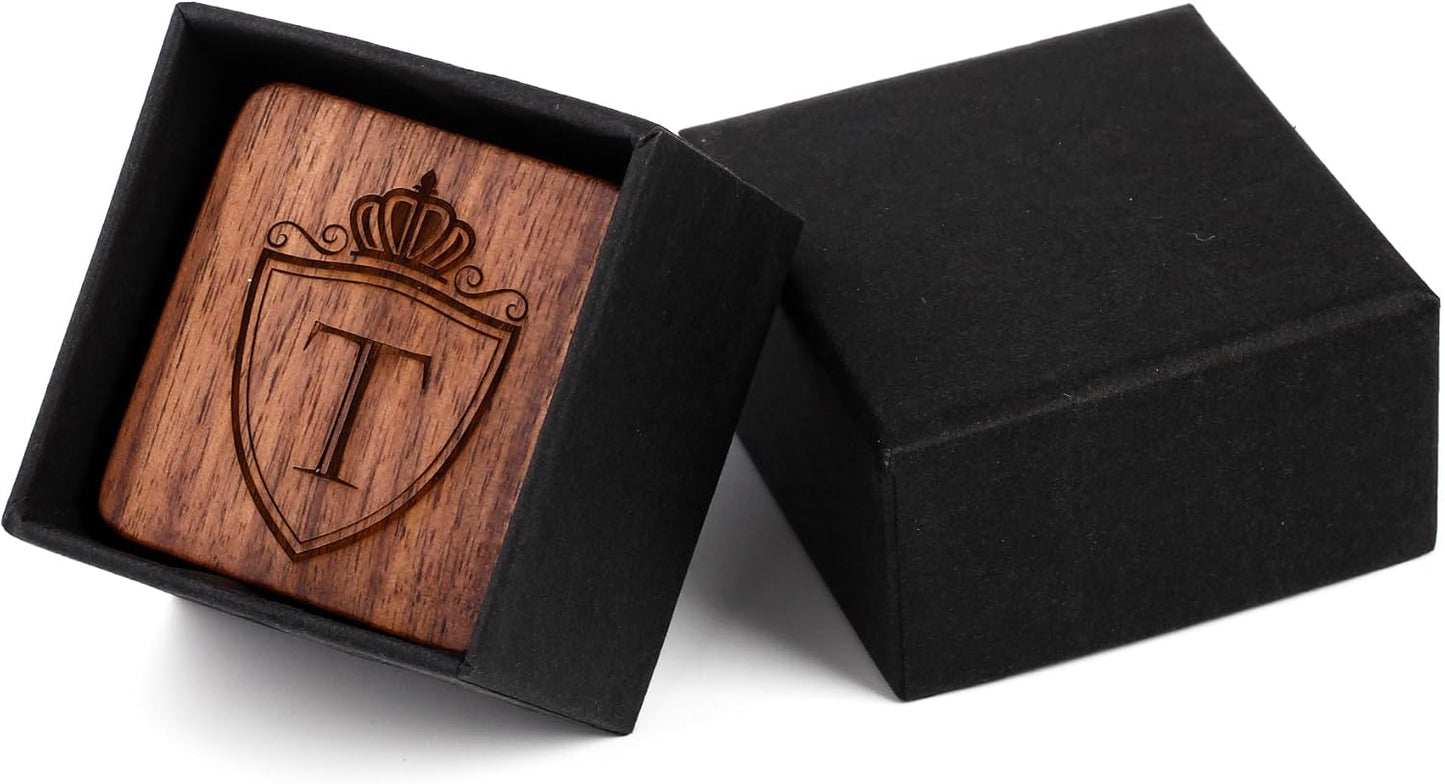 Mens Initial Silver Cufflinks A-Z Alphabet Letter Steel Cuff Links with Engraved Walnut Wood Box Groom Groomsman Wedding Set…