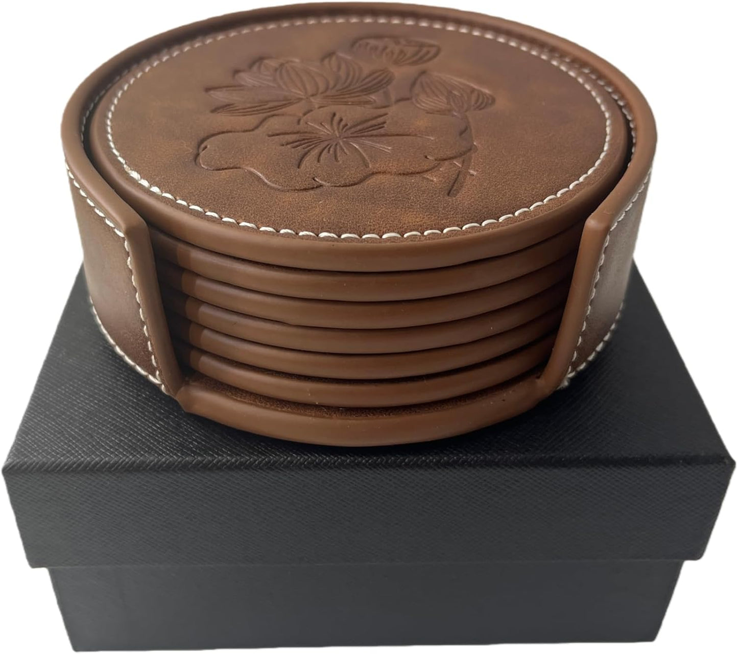 Custom Vintage Coasters Set of 6, Leather Coasters with Holder, Coaster for Office Desk, Non-Slip, Non-Stick, Easy Clean, for Housewarming Gifts, Home Decor, Wooden Table, Coffee Table, Bar (Brown)