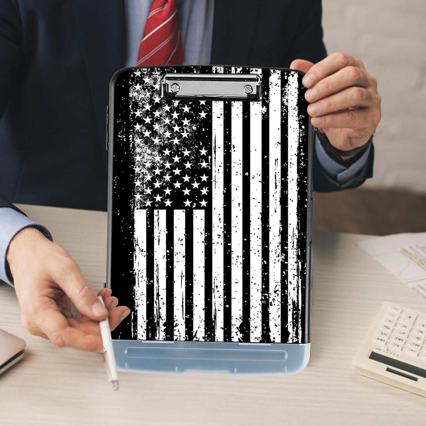 Clipboard with Storage - Large Capacity,Nursing Clipboard with Pen Holder,Heavy Duty,Plastic Side-Opening Folder for Teacher,Nurse - Black and White American Flag