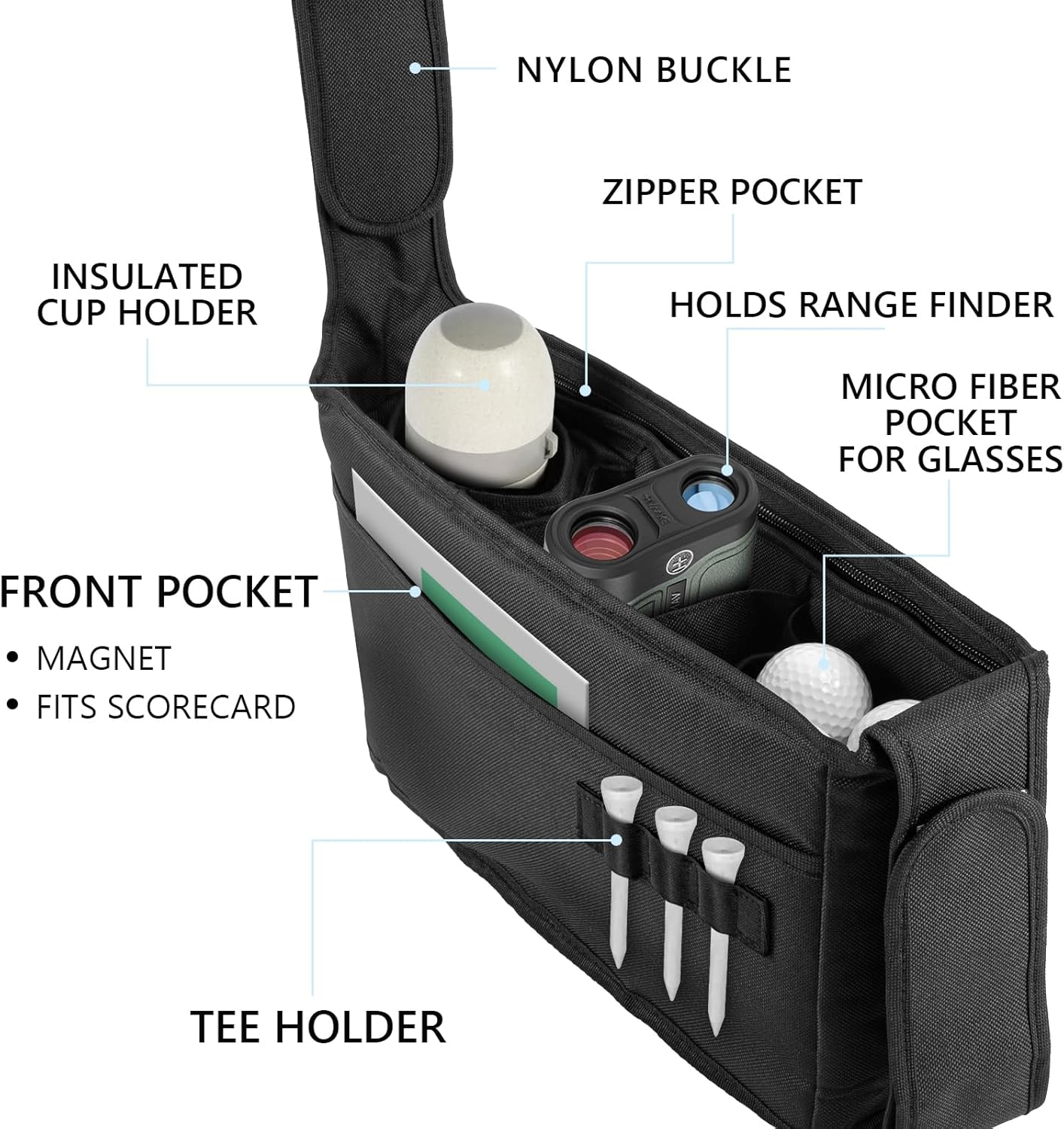 TUYUU Golf Push Cart Organizer, Accessories Pouch Bag, Drink Holder, Black