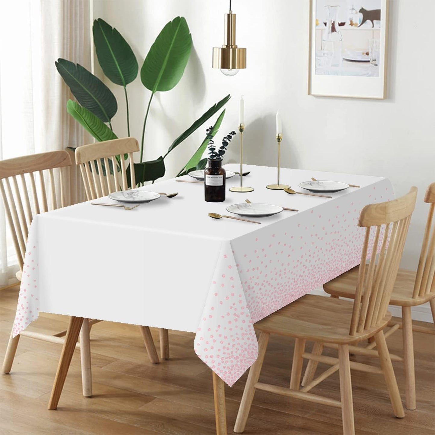 QIKSION 6 Pack White and Pink Dot Plastic Tablecloth, Waterproof Disposable Party Table Cloths for Baby Shower, Wedding, Anniversary, Birthday Party(54 × 108 Inch)